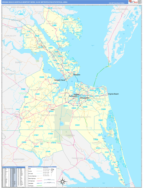 Virginia Beach-Norfolk-Newport News Metro Area Wall Map